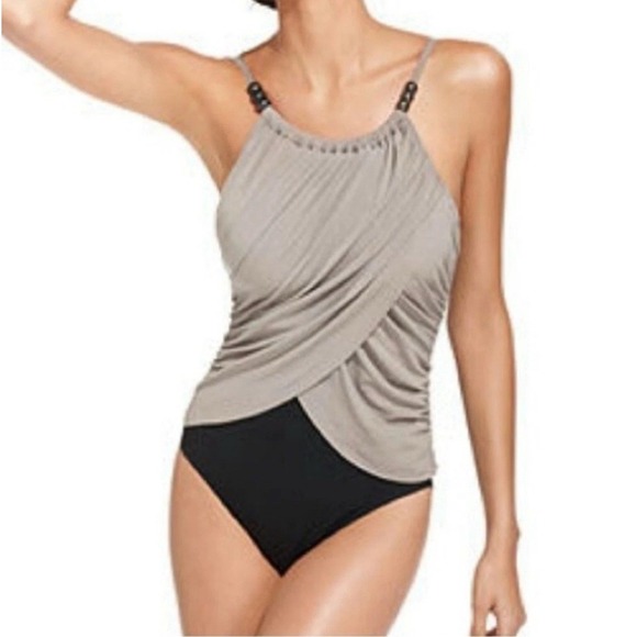 Magic Suit by Miraclesuit Lisa Taupe Gray Black Slimming One Piece Swimsuit Sz 8 - Picture 2 of 8